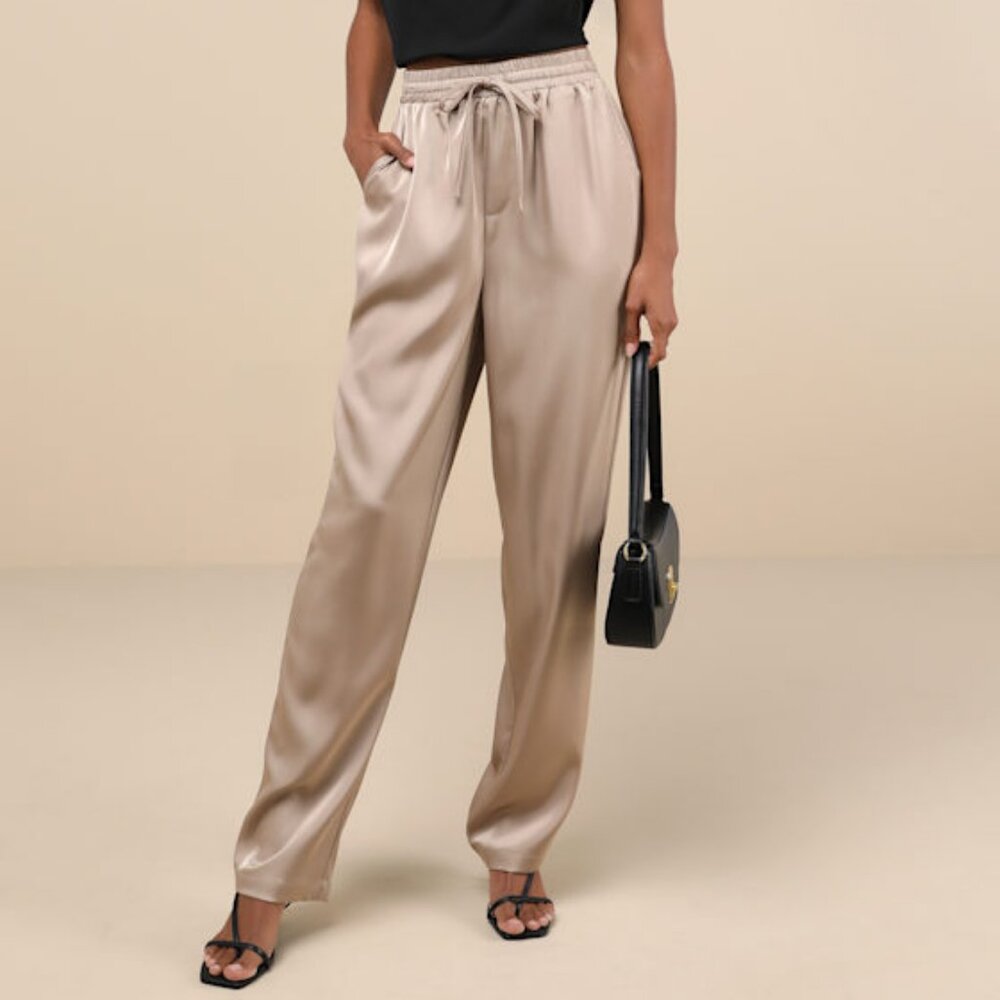 Lulus Exceptional Edge Taupe Satin High-rise Drawstring Pants - Size S